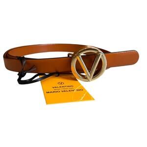 Valentino by Mario Valentino Thin Leather Belt Cinnamon V Logo Buckle XL